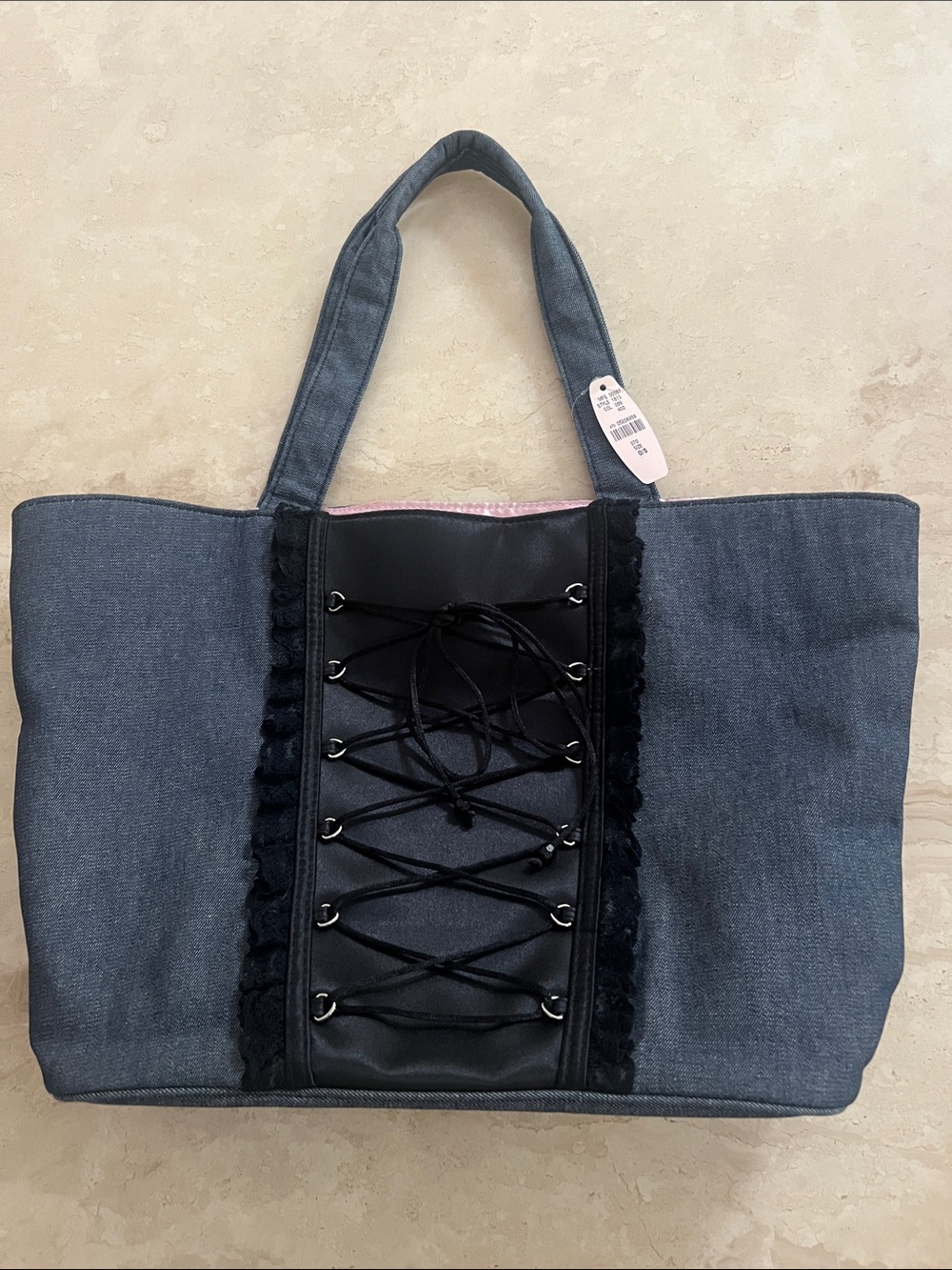 Victoria's Secret denim & satin corset tote bag,lace trim,& lace-up ribbon NWT!